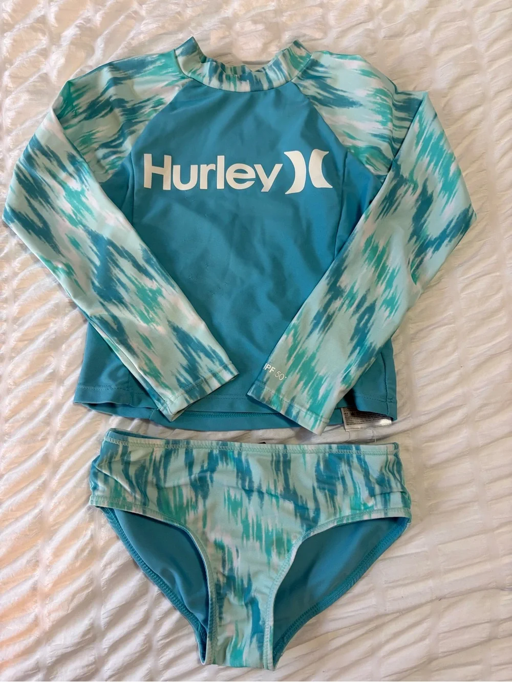 Hurley Teal and Aqua Girls Rash Guard Swim Top & Reversible Bottom